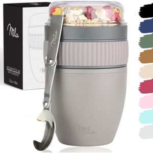 Milu Pot de c&eacute;r&eacute;ales &agrave; emporter 400ml I Pot de yaourt en plastique pour les c&eacute;r&eacute;ales I anti-fuite avec cuill&egrave;re pour le yaourt/porridge (Gris Taupe) (Wunschproducts, neuf)