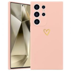 Wirvyuer Coque Compatible avec Samsung Galaxy S24 Ultra 5G Antichoc Coque Silicone TPU avec Motif Coeur d'amour Dor&eacute; Mignon &Eacute;tui Protection Compl&egrave;te Souple pour Samsung Galaxy S24 Ultra 5G (Rose) (meijiehua, neuf)