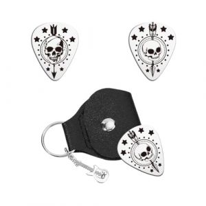UNICRAFTALE 1Pcs M&eacute;diator de Guitare Personnalis&eacute; Porte Cl&eacute;s T&ecirc;te de Mort Grav&eacute;e Double Face M&eacute;diator de Guitare Acier Inoxydable avec &Eacute;tui en Cuir PU Ensemble de M&eacute;diators pour Guitariste (ENBISI EU, neuf)
