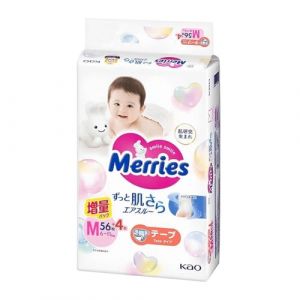 Merries Tape Type Medium Size 6-11 kg (jusqu'à 10,9 kg) Lot de 56 couches unisexes + 4 pièces, fabriquées au Japon (Couches bébé japonaises Merries , Moony "Japan Nappies" LTD, neuf)