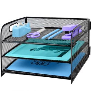 TSDRBWO Organiseur de bureau &agrave; 3 niveaux avec poign&eacute;e, organiseur de fichiers en maille extractible pour bac &agrave; courrier - Organiseur de bureau en maille pour documents A4, fournitures de bureau, noir (THEMBANZA, neuf)