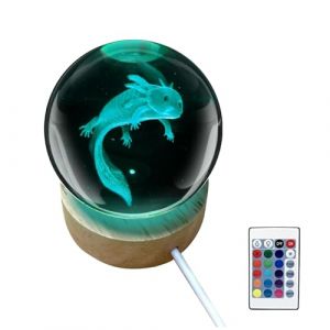 Axolotl Veilleuse boule de cristal 3D Axolotl en verre avec base en bois 6 cm Lampe boule de cristal Axolotl 16 couleurs avec t&eacute;l&eacute;commande pour chambre &agrave; coucher, salon, table de table (6 cm) (Sandwichl, neuf)