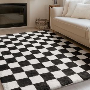 HUGEAR Tapis Salon Shaggy Damier Tapis Chambre Adulte Fille Doux Moelleux Descente de lit AntidéRapant Moderne Grand Tapis Noir Blanc 150×210cm Decoration Chambrel (RONGBEN, neuf)