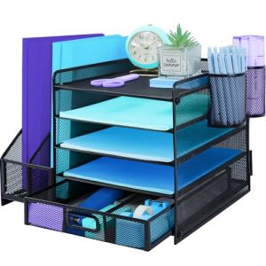 TSDRBWO Organisateur de bureau avec porte-documents et 2 porte-stylos, bac &agrave; lettres &agrave; 5 niveaux avec tiroir, rangement de bureau en maille avec porte-magazine pour fournitures de bureau, noir (FreedomForce, neuf)
