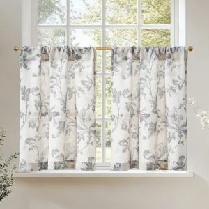 TOPICK Rideaux de Cuisine Court Brise Bise Chambre Placard R&eacute;tro Gris 65L X 60H cm, Rideau Cuisine Translucide, avec Motif Vintage Floral &agrave; Passe Tringle, Decoration pour Petie Fenetre Porte Lot de 2 (Audrey Home Fashion, neuf)