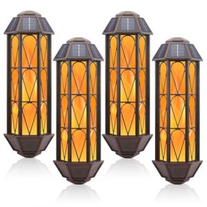 Shinmax Lumières Flamme Solaire Exterieure Vintage Applique Murale Exterieure avec Effets de Flamme Réalistes Lampe Solaire Exterieur 2 Modes D'éclairage Marche/Arrêt Automatique Lanterne (Lot de 4) (AIWEITONG, neuf)