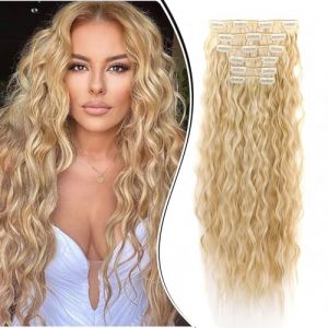 Dcbaboo Extension Cheveux Naturel Clip Extension a Clip Cheveux Naturel Bouclés Longue 6PCS Postiche Rajout Cheveux Naturel Ondulé Extension de Cheveux a Clip Frisés, Blond naturel/Blond décoloré (Dcbaboo, neuf)