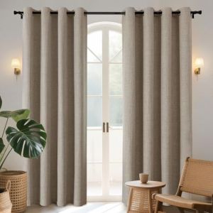 Joydeco 100% Rideau Occultant Thermique Isolant Anti Froid et Chaleur 132x210cm 2 Pi&egrave;ces, Rideaux Opaques Effet Lin &agrave; Oeillets Anti UV Anti Bruit, Decoration Chambre Maison Salon - Lin Naturel (joydeco, neuf)