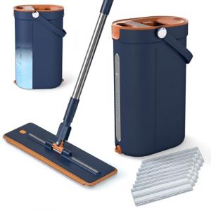 COSTWAY Balais Serpilli&egrave;re Seau Essoreur, T&ecirc;te Plate Rotatif 360&deg;, 8 Serpilli&egrave;res Microfibre Lavable R&eacute;utilisable, Manche INOX R&eacute;glable, Nettoyage Rapide (Balai-8 Serpill&egrave;res-Bleu) (FDS GmbH, neuf)