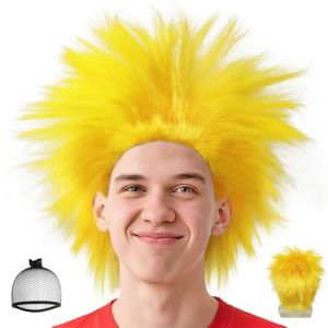 BECULINA Perruque pointue jaune 【+bonnet de cheveux】 Perruque synthétique drôle et folle perruque de cosplay jaune pour homme, sport, fans, événements, été, fêtes, costume amusant pour adulte, costume (Dangentle-UK, neuf)