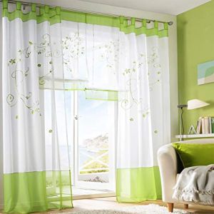 SIMPVALE Rideaux Voilages Floral Voile Broderie a Pattes Panneaux de Fen&ecirc;tres pour Chambre Salon D&eacute;coration 2 Panneaux, Vert, L140cm x H175cm (SIMPVALE, neuf)