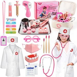 Tigerhu 32 Pièces Malette Docteur Enfant Jouet avec Déguisement de Docteur, Kit Medecin Outils Stetoscope, Rôle Jouets du Docteur pour Fille Garcon Enfants, Rose (Sundaymot, neuf)