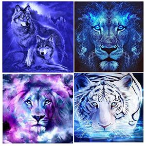 DCIDBEI Lot de 4 Peintures Diamant Tigre 40x40 cm Peinture par Numéros Loup Adulte Grande Toile Diamant Lion Color Diamond Painting Tigre Blanc Loisirs Créatifs Adultes Artisanat pour le Mur Strass (BEIMIN, neuf)