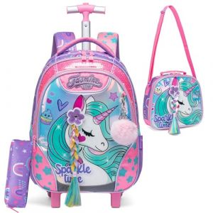 HTgroce Cartable a Roulette Fille Primaire, Sac Dos roulettes pour Filles, Sac a Roulette Fille pour Maternelle Primaire Scolaire Licorne Cartable Roulette Fille CE2 (Lldaily EUR, neuf)