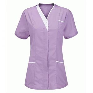RLEHJN Blouse Infirmiere Femme Tunique M&eacute;dicale Col en V Banche Manche Courte Uniforme De Travail Blouses Infirmiere Femme Professionnelle Blouse Estheticienne Tenue Aide Soignante Cadeau Infirmiere (⭐⭐⭐⭐⭐RLEHJN, neuf)
