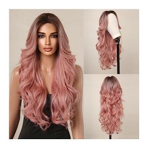 Perruque de Cheveux Hairline Lace Long Bouclés Cheveux Perruques Brun Rose Perruque Synthétique for Femmes Corps Vague Dentelle Cheveux Rose Cosplay Perruque Résistant À La Chaleur Perruques Femme (yangbieouzhou, neuf)