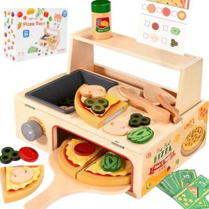 Smartwo Jouets &agrave; Comptoir Pizza en Bois 50 Pi&egrave;ces - Aliments de Cuisine de Jeu - Accessoires de Cuisine pour Couper - Dinette Enfant Bois - Cadeau Enfant 3 Ans et+ (OuterFun, neuf)