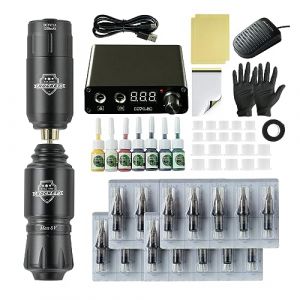 TTOOGO Kit de stylo &agrave; tatouage sans fil - kit de machine &agrave; tatouage rotatif complet avec mini stylo &agrave; fus&eacute;e, batterie sans fil, alimentation, 20 cartouches, encre 7 couleurs,Noir (TTOOGO-fr, neuf)