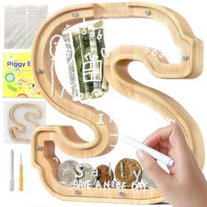 Lakpopya Tirelire en Bois pour Enfant Tirelire Cochon Personnalisée de Lettres A à Z Tirelire Billet Transparente Créative pour Cadeau Décoration Baptême pour Fille Garcon (S) (Never fail, neuf)