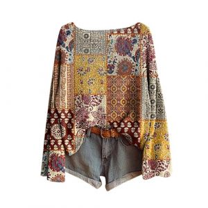 Pulls, Gilets Et Sweats Femme Vintage Imprimé Floral Bohème Pull Over Tricoté Chic Col Rond Manche Longue Sweater À Motif Hauts Oversize Elástique Vetement Femme Basique (Anglekie, neuf)