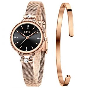 CIVO Montre Femme Acier Analogique à Quartz: Slim Or Or Rose Inoxydable Bracelet Etanche Luxe Mode Élégant Set (CIVO Direct-FR, neuf)