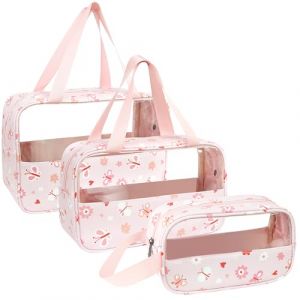 LEcylankEr Trousse de Toilette Transparente 3 Pi&egrave;ces, Trousse de Toilette PVC &Eacute;tanche pour Femme, Trousse de Maquillage L&eacute;g&egrave;re pour Voyage Set (Imprim&eacute; Rose) (Timertick, neuf)