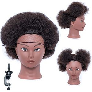 Tête de mannequin africaine 100% cheveux vrais, coiffure tressée, tête de poupée pour pratiquer les côtelettes de maïs et les tresses (y compris le support de table) (kangmeiruijiarentoumo, neuf)