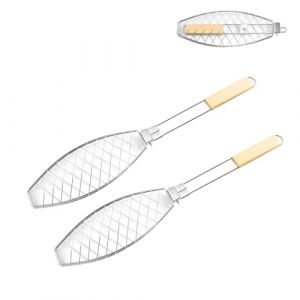 Jilskl 2 Pi&egrave;ce Grille Poisson Barbecue, Supports de Barbecue avec Poign&eacute;e en Bois, Pliable Support de Barbecue Portable, Id&eacute;al pour l'Ext&eacute;rieur, pour Les Barbecues Et Les Grills (63 x 12 cm) (Mrcqdbb, neuf)