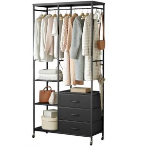Mintnook Penderie Vetement, Armoire Chambre, Penderie Vetement Dressing, Portant a Vetement, avec tiroirs, roulettes et Étagères Réglables, Crochets, Noir (Mintnook, neuf)