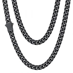 Collier Homme Acier Inoxydable Massif Noir Plaque Longue Maille Cubaine 76 cm Pour Pendentif Chaîne Noir Plaque Gourmette Femme Garçon Enfant Ras de Cou Gros Cadeau Fêtes Pères Noël 56g (ChainsHouse Jewellery, neuf)