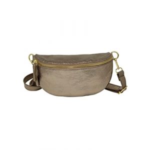 TheWan Demi Lune Petit Sac Banane Sac Poitrine Italien Cuir Italien Femme, Sac Demi Lune Porté Ceinture et de Travers Cuir Vachette,Dimensions: H12 x L 22 x P 5 cm (Champagne Irisé) (TheWan concept store, neuf)