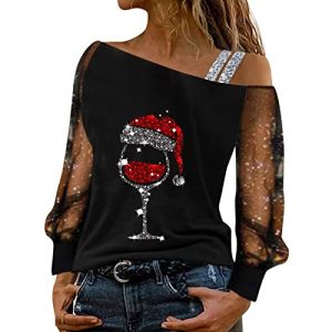 Haut Femme Chic Chemisier Blouse &Agrave; Manches Longues Transparentes T-Shirt Paillettes Mode Mesh Chic &Eacute;paules D&eacute;nud&eacute;es Chemisier No&euml;l Haut Tops Pullover Couleur Unie Shirt Tunique Top Soir&eacute;e (hoarse-NU, neuf)