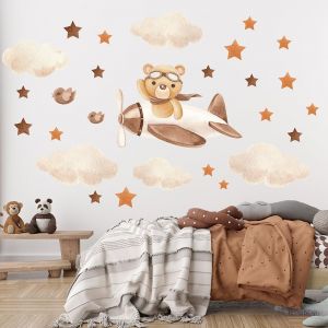 Wally Fox Stickers Muraux Enfants – Autocollants Décoratifs - Non Toxique, Sûr, de Haute Qualité – Déco Chambre – Ours en peluche dans un avion, étoiles, nuages, marron, bohème - 27pcs (Mini Dekor, neuf)