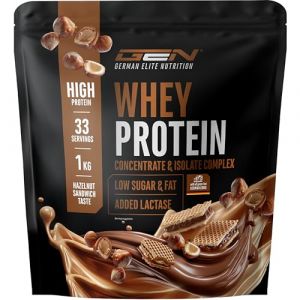 Elite Whey Protein en poudre - 1000 g Sandwich aux noisettes. - avec whey isolat - jusqu'&agrave; 23 g de prot&eacute;ines par portion - instantan&eacute;ment soluble - avec lactase, BCAA & EAA (LifeBalance Trading Supplements, neuf)