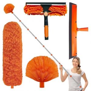 Kit De Dépoussiérage Haute Portée De 6m, Kit De Plumeau Haute Portée avec Perche Télescopique Réglable De 1,5 À 4,9 M, Brosse Téléscopique De Nettoyage Et Tête en Microfibre pour Toiles D'Araignée (flowwer, neuf)