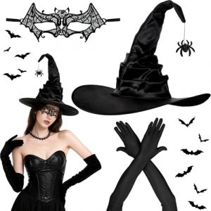 POWZOO 3 Pieces Chapeau de Sorcière​ & Masque de chauve-souris​ & Gants à Ongles Longs Set, Chapeau Sorcière Pliable avec pendentif chauve-souris,pour Halloween,Carnaval,Cosplay, Mascarade (VASIANI BLITZ, neuf)