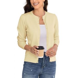 BERESIA Cardigan à Manches Longues Et Col Ras du Cou pour Femme, Cardigan Classique en Tricot Doux pour Femme, Jaune Clair, L (BERESIA | France, neuf)