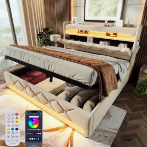 Lit 160x200 avec LED et USB et Type C, Lit double rembourr&eacute; 160x200 avec espace de rangement et t&ecirc;te de lit, lit double avec sommier &agrave; lattes, lit adolescent, lit de rangement, cadre de lit, tissu en (ALINLINQI, neuf)