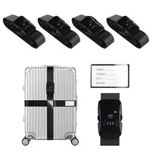Veki Ensemble de Sangle de Bagage Croisées Approuvées TSA avec Verrou Ceintures de Valise de Voyage Réglables avec Carte d'identification et Sangles de Rangement pour Valises (Noir, 4 pièce) (BJshanghang, neuf)