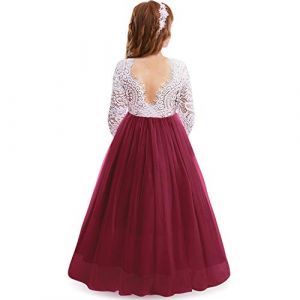 IWEMEK Cils Dos Nu V-Back Dentelle Tulle Maxi Robe Manche Longue Fille Mariage Honneur Robes de Bal Ceremonie Première Communion Soirée Anniversaire Fête Robes pour Enfants Vin Rouge 5-6 Ans (IWEMEK, neuf)