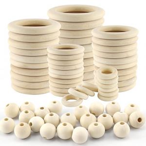 Anneau Bois Perles en Bois Naturel Perles Rondes en Bois Anneau Rideau Bois Anneaux en Bois Brut Macramé pour Artisanat de Bricolage Déco Pendentifs et Raccords de Bijoux 90pcs (biantiwsk, neuf)