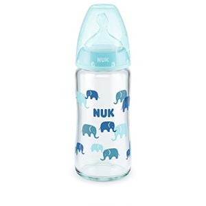 NUK First Choice+ Biberon en verre avec contr&ocirc;le de la temp&eacute;rature, t&eacute;tine adapt&eacute;e &agrave; la m&acirc;choire, 240 ml, 0-6 mois, bleu (JVRM, neuf)