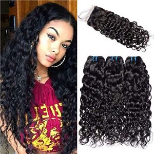 Tissage Cheveux Naturels Bouclés Tissage Naturel Cheveux Humain Tissage Bresilien Avec Closure Water Wave Human Hair Bundles With Closure Couleur Noir Naturel 18 20 22+16 Pouces (fulgent sun hair store, neuf)