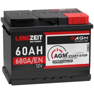 LANGZEIT Batterie voiture 60Ah 12V AGM 680A/EN &ndash; Automobile Batterie Start-Stop VRLA haute performance (Winnerbatterien, neuf)