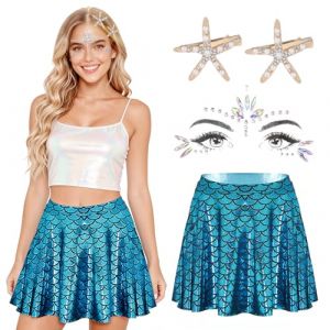 Costume de Sir&egrave;ne Femme,Costume de Monde Sous-Marin,Jupe Sir&egrave;ne Brillante+2Barrette &Eacute;toile de Mer+Tatouage Gemme de Visage,Costume de Sir&egrave;ne Brillante Cosplay,Accessoires de D&eacute;guisement pour Carnaval (GEERIC TECHNOLOGY CO LIMITED, neuf)