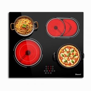 Plaque Vitrocéramique 4 Feux Encastrable 6600W, Plaque de Cuisson Electrique avec double zone de barbecue ovale, 9 niveaux de puissance, fonction pause, minuterie, verrouillage de sécurité (Old ape appliances, neuf)