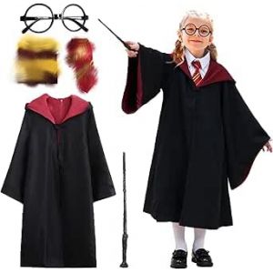 Kitimi Costume Harry Enfant, 5PCS Costume Hermione, Avec Baguette Magique, Cape, Lunettes, Cravate, &Eacute;charpe, Costume Cosplay pour Enfants, Halloween Journ&eacute;e Mondiale du Livre F&ecirc;te de Carnaval (HUANGXIAOWANG LTD, neuf)