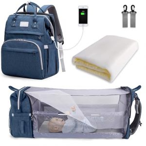 SNDMOR Sac &agrave; Langer pour B&eacute;b&eacute; Sac &agrave; Dos, Sacs &agrave; Langer Grande Capacit&eacute;, Sac &agrave; Langer de Voyage Portable Avec Lit Pliable, Sac &agrave; Dos pour Lit B&eacute;b&eacute; (Bleu Fonc&eacute;) (SNDMOR EURO UK, neuf)