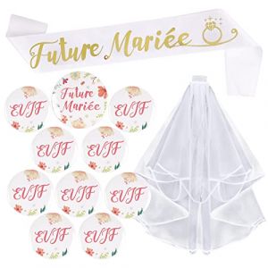 Kit de Accessoire Enterrement de Vie de Jeune Fille 1pcs Voile de Mariage Blanc avec Peigne + 1pcs Écharpe + 1pcs Badge “Future Mariée” + 9pcs Badge “EVJF” Déguisements Décoration pour Fête Soirée (BAIJIANG, neuf)