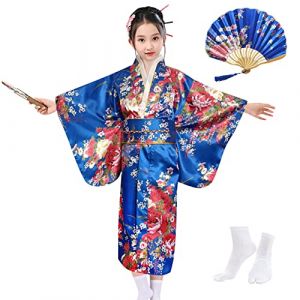 KRUIHAN Kimono pour Filles,Yukata Kimono Robe Japonaise,Robe de Chambre en Satin Enfants,Costumes de Cosplay,Robes de Fête pour Filles,avec Éventail Pliant et Chaussettes Tabi,Style B,Bleu Royal,150 (zhruiqun, neuf)